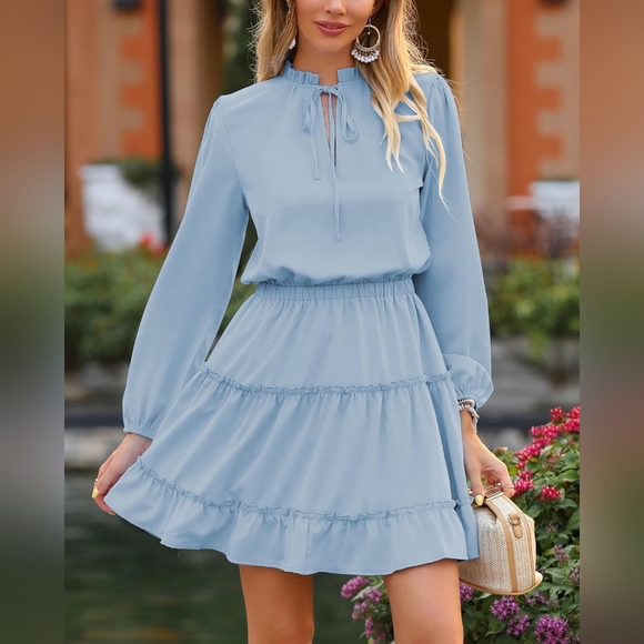 BTFBM Dresses & Skirts - Women Casual Dress Tie VNeck Long Sleeve High Waist Ruffle  NWT Large Fall Dress